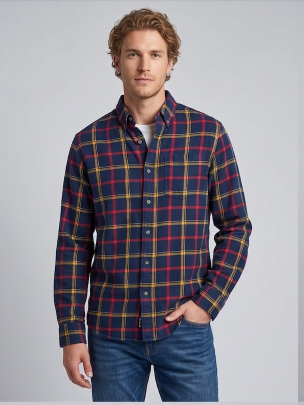 Chaps Ralph Lauren Plaid Flannel Button-Down Shirt, Navy Red & Yellow Midweight